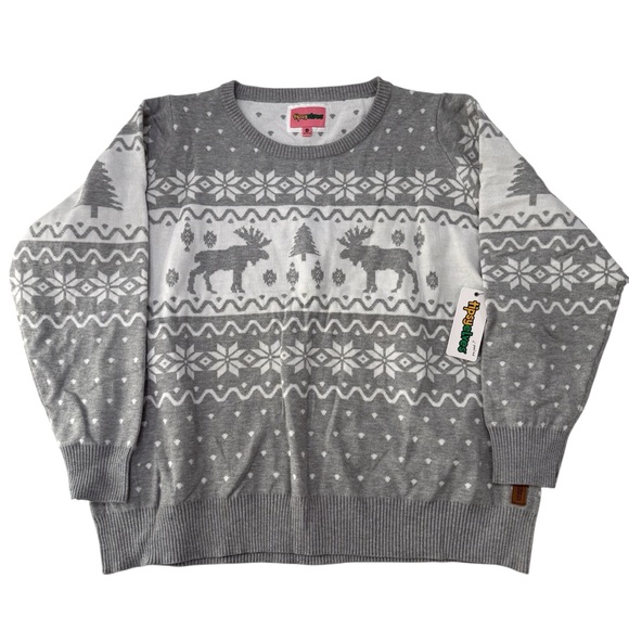 Tipsy Elves Women’s Plus XXL Moose Christmas Sweater Gray White Fair Isle NWT - Picture 1 of 8